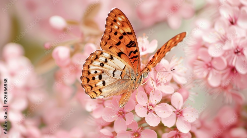 Obraz premium Argynnis paphia butterfly with silver markings feeding on pink blossoms