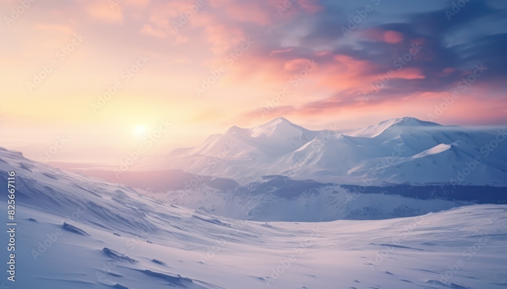 A stunning dramatic sky with vibrant snow winter frozen mountains landscape, beautiful sunset view, cool place in Antarctica