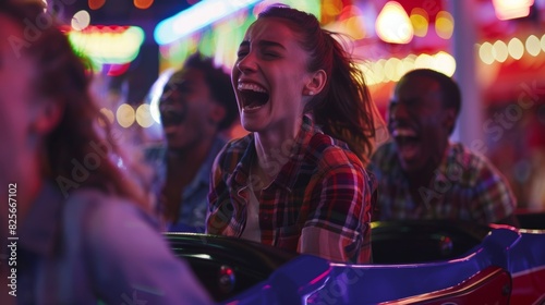 A group of friends screams and laughs as they take turns riding a virtual mechanical bull each trying to outdo the others.