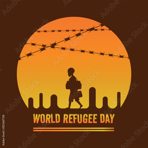 World Refugee Day poster with a man walking alone at sunset