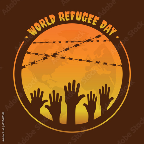 World Refugee Day poster with many hands asking for help