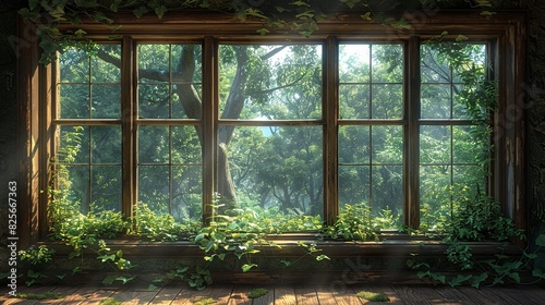 Window offers an amazing view of the forest with serene beauty beyond. Serene  calm aesthetic atmosphere. Generative AI