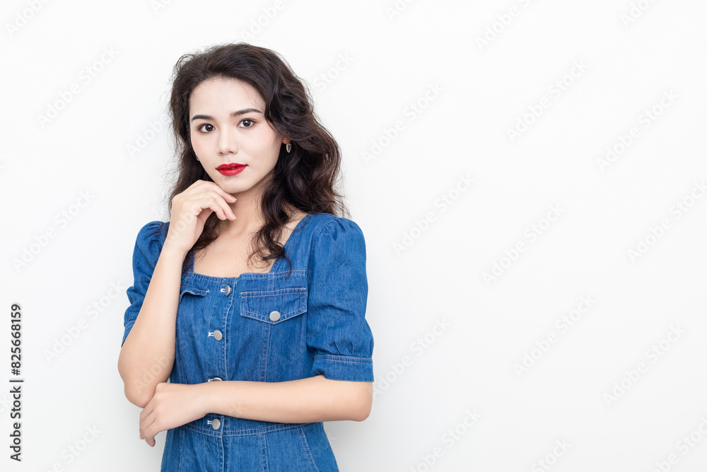 A beautiful woman with curly hair in a denim skirt on a solid background