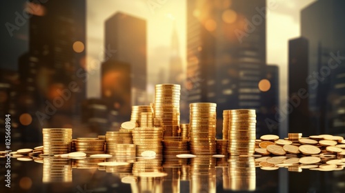 abstract business background with buildings and coins. business and finance.