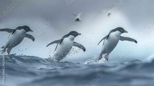 Adelie penguins leaping and moving through the ocean photo