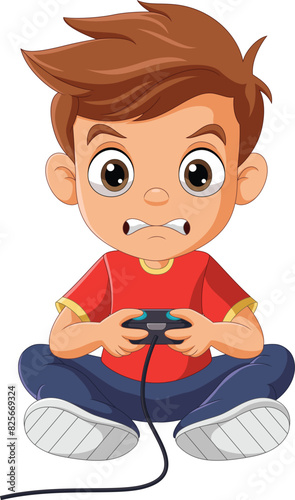 Cartoon little boy playing video game