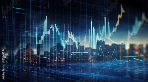 View of stock market expansion, business investment, and data analysis concept featuring digital financial charts, graphs, and indicators against a dark blue blurred background © AK art