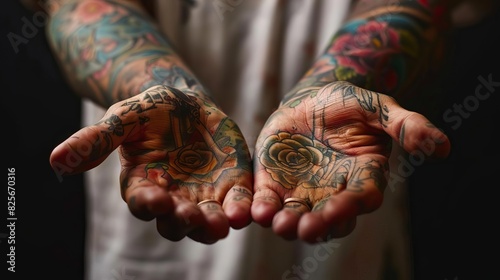 closeup of mans hands with love and rich tattoos artistic body modification portrait studio photography