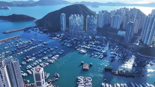 Pok Fu Lam, Aberdeen, Wong Chuk Hang, Ap Lei Chau, Lei Tung, Deep Water Bay, Shouson Hill. Aerial skyview of natural forest landscape of the coastal city in Hong Kong Island photo