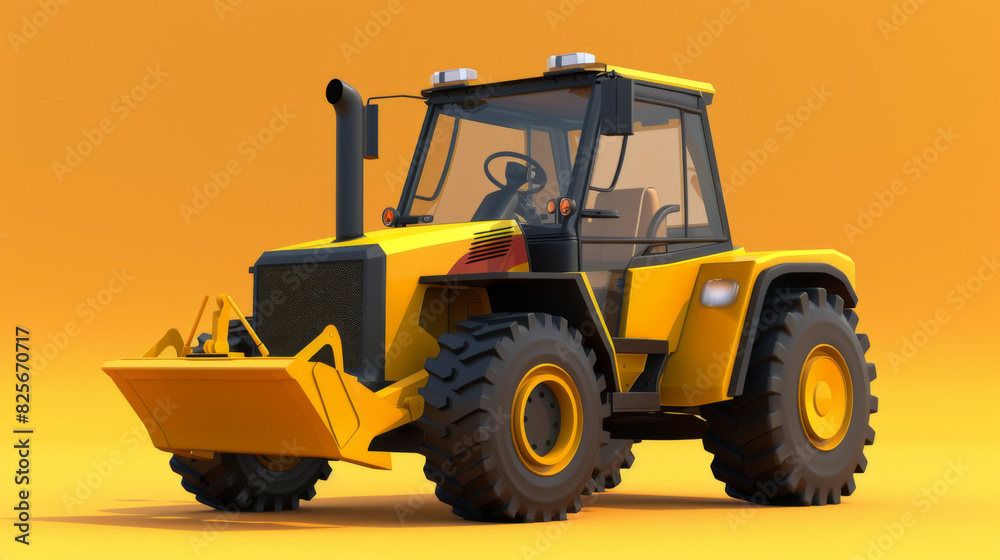 Bright yellow construction tractor displayed against an orange background, highlighting industrial machinery.