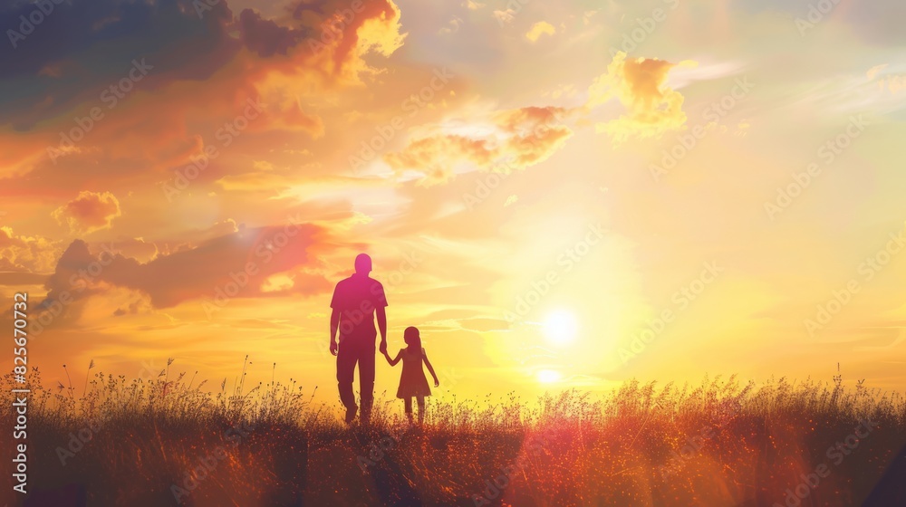 silhouette father with little daughter walk at sunset. father's day background concept silhouette father with little daughter walk at sunset. father's day background concept