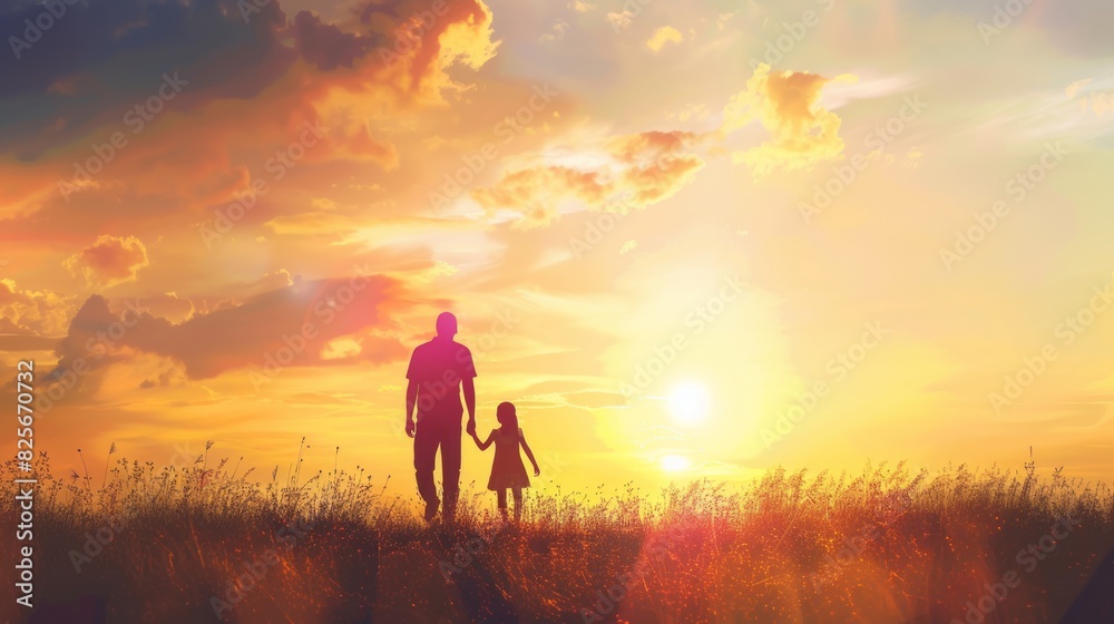 silhouette father with little daughter walk at sunset. father's day background concept