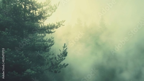 ethereal pine forest shrouded in morning fog vintagefiltered mystical landscape photograph