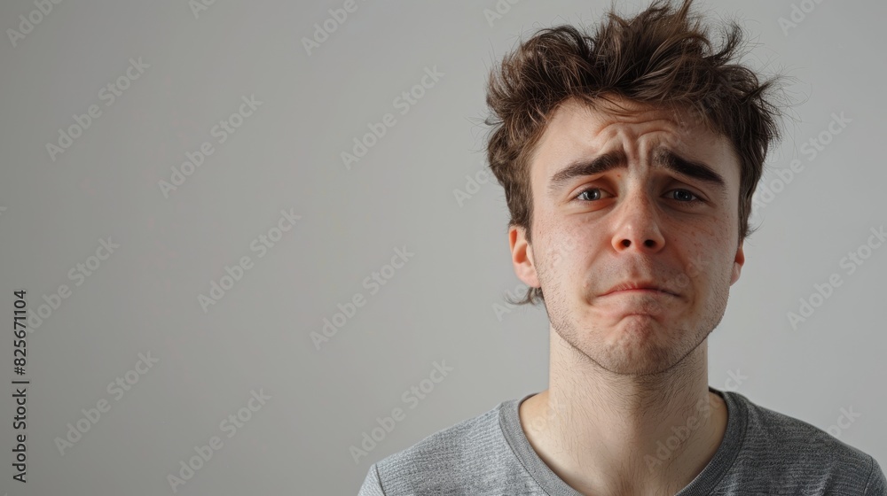 Fototapeta premium Portrait of a young man with a comical facial expression in a studio setting with a white backdrop