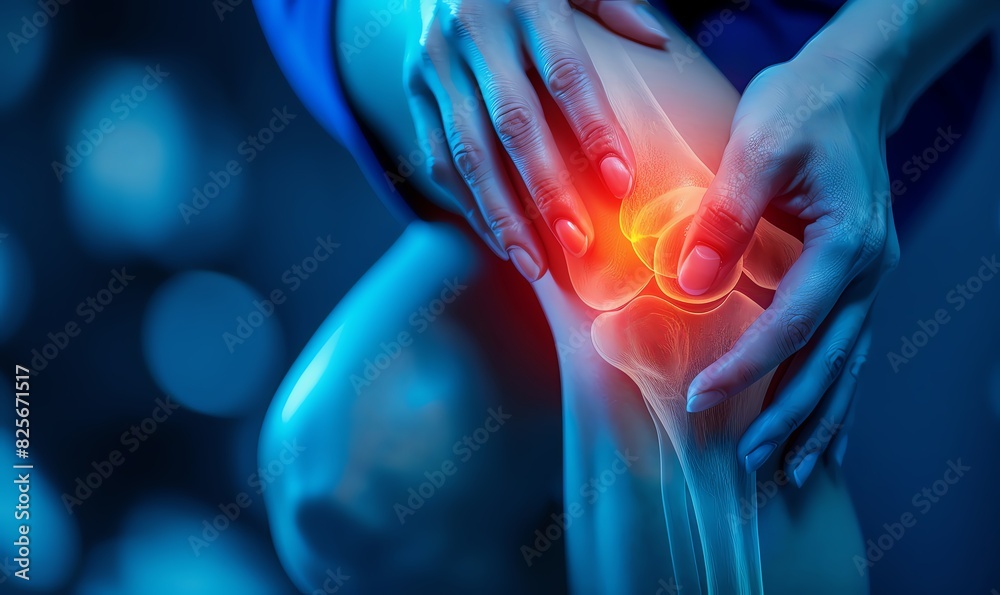 Close up of a woman holding her knee against an X-ray background, showing pain in the joint from arthritis blurred on a dark blue background. Close up of a woman holding her knee against an X-ray background, showing pain in the joint from arthritis blurred on a dark blue background.