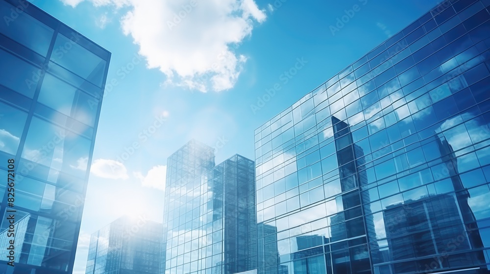 Modern office building with blue sky, and glass facades. Economy, finances, business activity concept, Bottom-up view, blurred image
