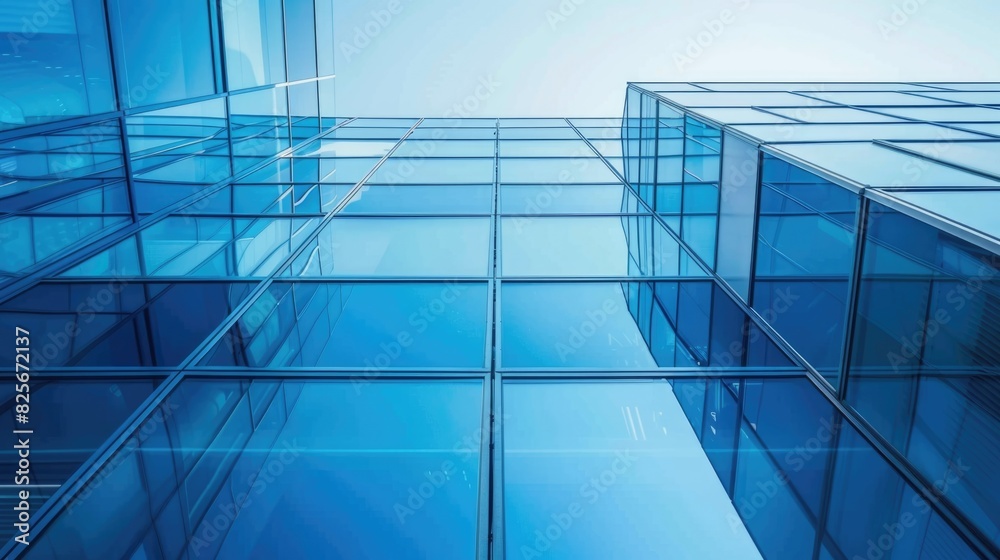 Obraz premium Modern office building with blue sky, and glass facades. Economy, finances, business activity concept, Bottom-up view, blurred image