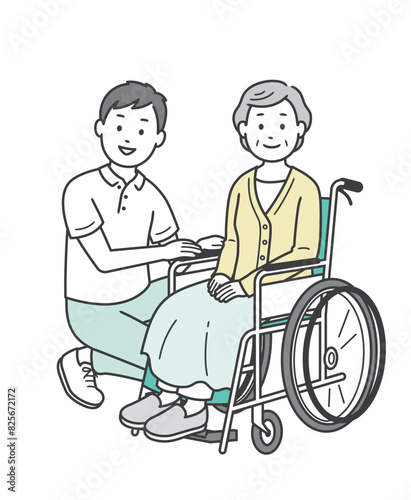 車椅子の高齢女性と介助をする男性介護士のイラスト