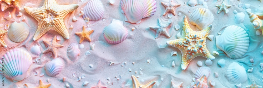 Beautiful background. Abstract background of pastel colored starfish and seashells. Beautiful background Beautiful background. Abstract background of pastel colored starfish and seashells. Beautiful background