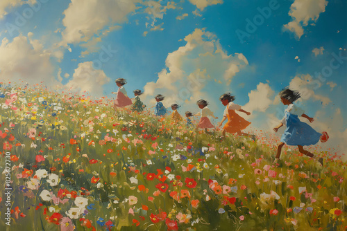 Children running in a field of flowers painting