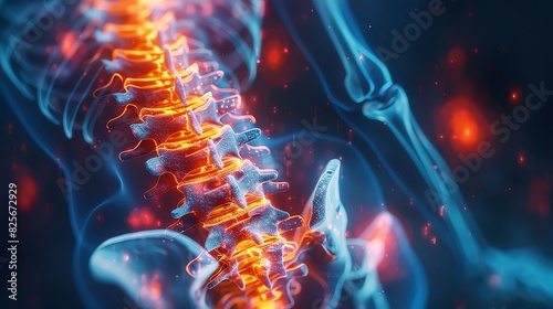 3D render of a human back pain, medical illustration with an X-ray background, blue color scheme, closeup on the spine area highlighting red shapes in the style of glowing light effect, human anatomy #825672929