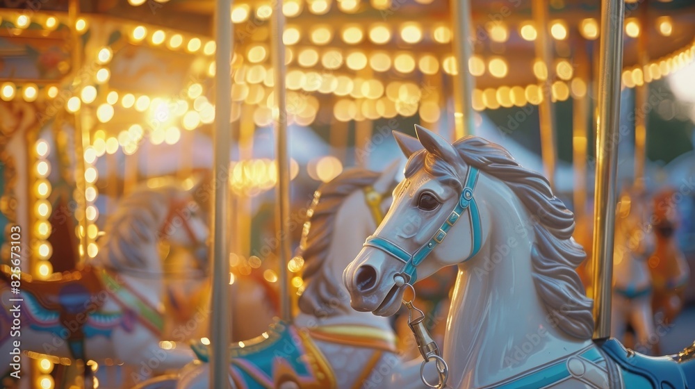 Photo of A carousel with white and gold horses, pastel blue accents, at an amusement park during sunset. ,