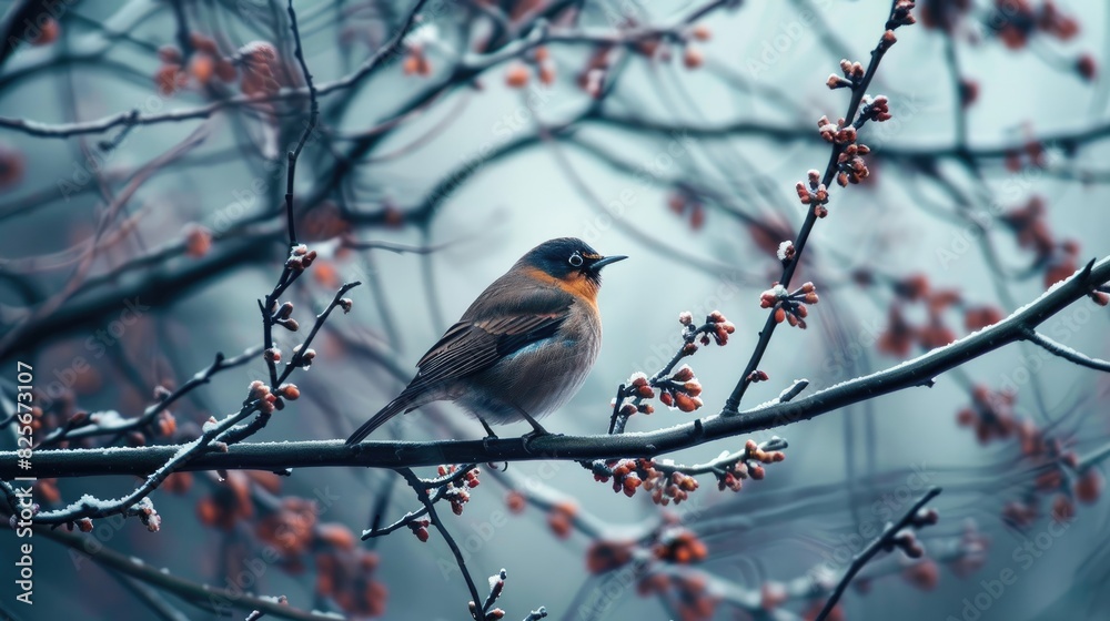 Naklejka premium Bird perched on a tree limb during the cold season