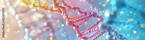 Colorful pastel background with DNA and beads in the style of blue, pink and yellow colors. Backdrop of human cell structure for medical concept. 3D rendering.