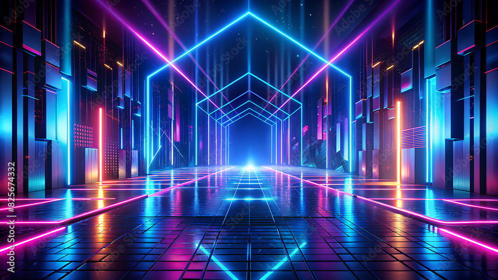 Naklejka premium Technology abstract neon light background, empty space scene, spotlight, dark night, virtual reality, cyber futuristic sci-fi background