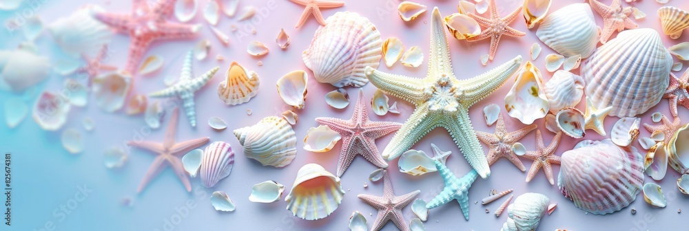 Fototapeta premium Beautiful background. Abstract background of pastel colored starfish and seashells. Beautiful background