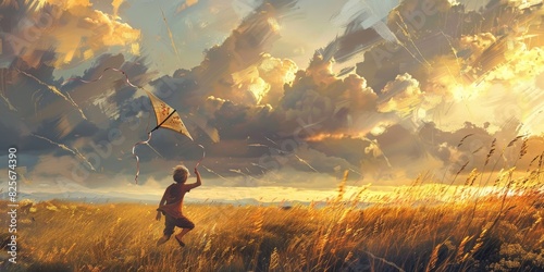 A boy is flying a kite in a field generated by AI photo
