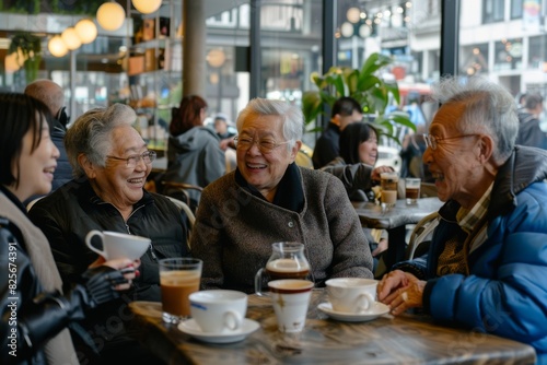 Group of senior asian people sitting in coffee shop and drinking coffee