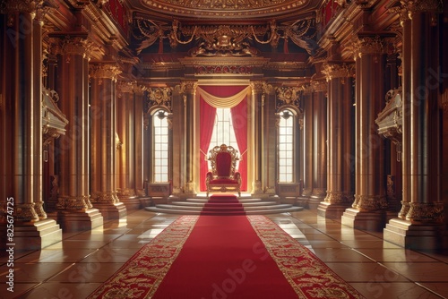 red carpet on castle or palace interior with golden chair bench of king