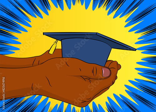 Cartoon, comic book human hands holding Graduation Hat. Retro vector comics pop art design.