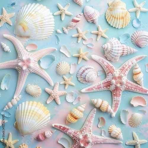 Beautiful background. Abstract background of pastel colored starfish and seashells. Beautiful background
