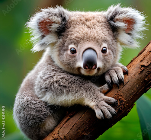 Baby koala clinging to a tree trunk
