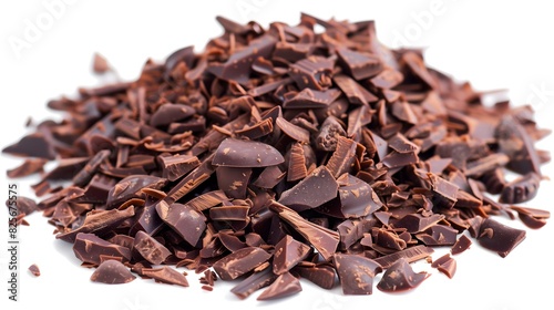 chopped chocolate with an image showcasing a generous pile of finely milled chocolate pieces, white background, isolated