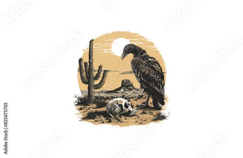 vulture stands on a skull lying on the ground against a backdrop of cacti land vector illustration