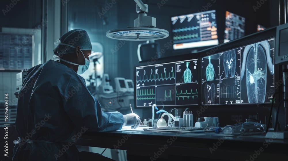 Doctors work in a futuristic hospital with high-tech medical equipment. High-tech operating room