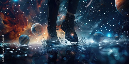 high fashion, a woman wearing black shoes with a galaxy print on them, walking in space surrounded by 