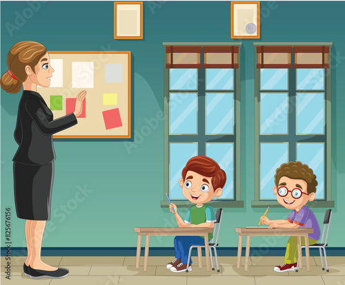 Cartoon teacher teaches in front of her student