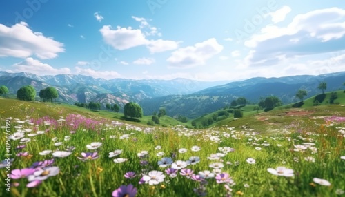 A stunning spring day landscaping views of fertile land surrounded beautiful green vegetation  wide stretches of hills and mountains with clear skies in spring