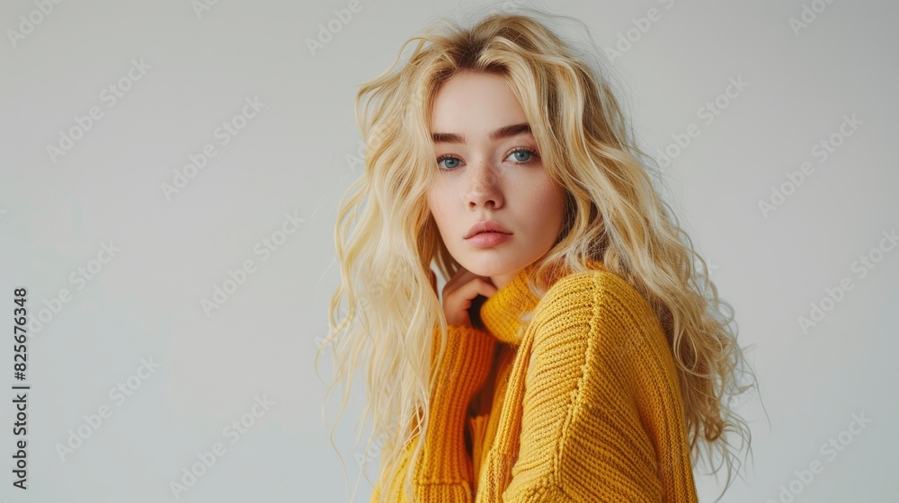 Fototapeta premium A Blonde-Haired Girl In A Yellow Sweater Posing Confidently In A Studio Against A White Background, Hd Images