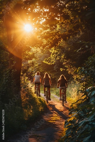 High-detail photo of friends cycling on a scenic path  with the golden glow of the summer sun highlighting their joyful expressions
