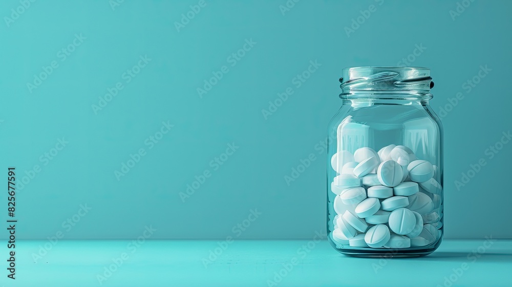 Jar of White Pills on Cyan Background - Medical and Pharmaceutical Concept Jar of White Pills on Cyan Background - Medical and Pharmaceutical Concept