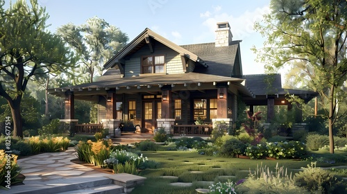 Visualize a tranquil craftsman-style residence with a front porch and lush surroundings, embodying the ideal blend of architectural elegance and natural serenity © coco