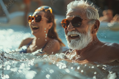 Joyful Elderly Couple Enjoying Swimming in Pool on Sunny Day with Sunglasses photo