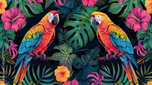 Colorful Tropical Parrots in Exotic Jungle Foliage with Vibrant Flowers © kvladimirv