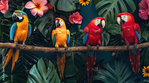Colorful Parrots Perched on a Branch with Tropical Flowers and Leaves in the Background photo