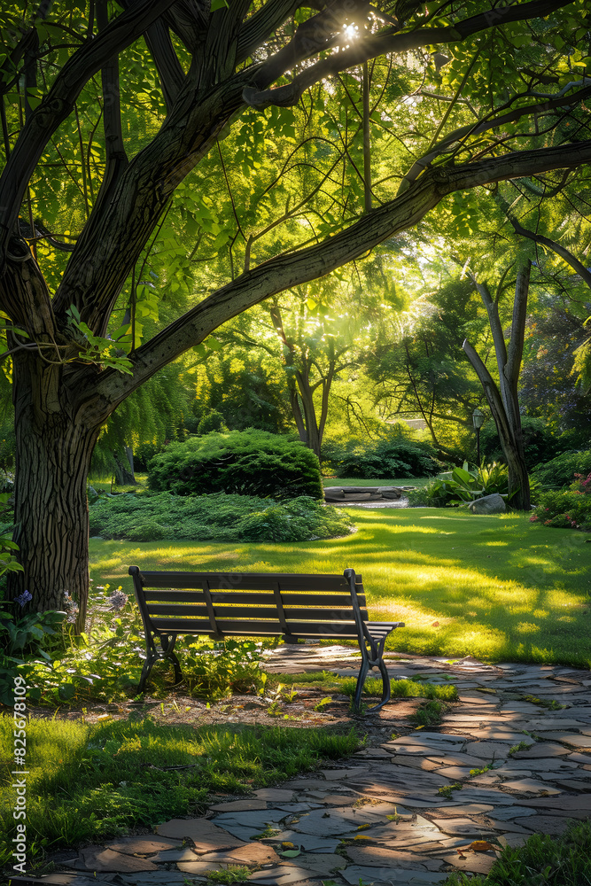 Tranquil Park Bench Under Leafy Tree: Perfect Spot for a Peaceful Break Amidst Nature